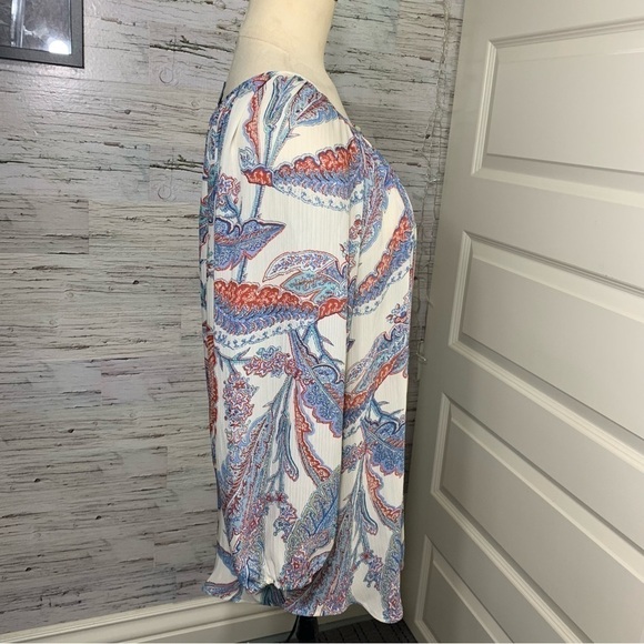 Chaps Boho White Blue Floral Tunic Blouse Flowy Round Neck Balloon Sleeves Sz L - Picture 6 of 11